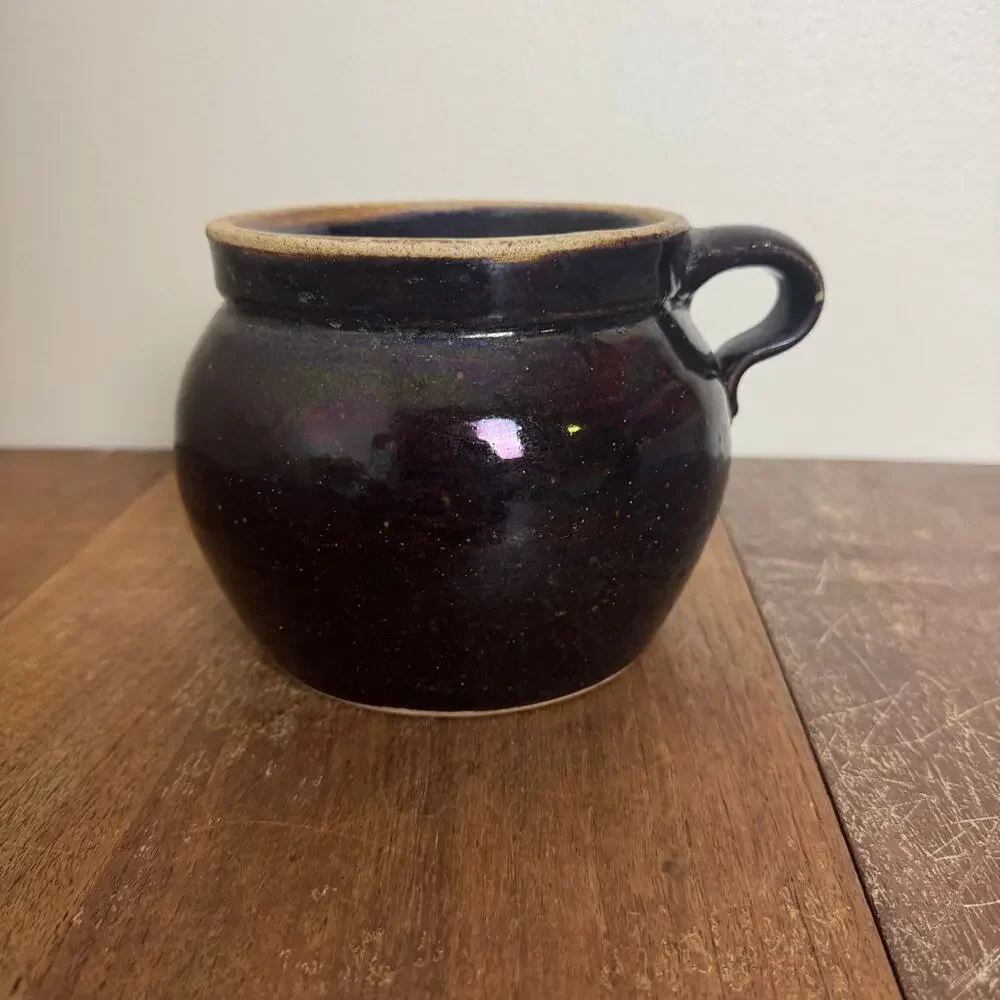 Vintage Antique Black Stoneware Bean Crock with‎ handle no lid planter Farmhouse